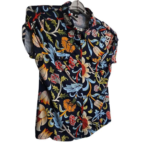 BCBGMAXAZRIA Blouse M Navy Blue Multicolor Floral Print Short Sleeve Top - Picture 4 of 9